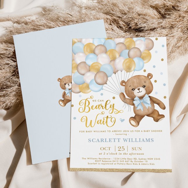 Blue Gold Brown Teddy Bear Boy Baby Shower Invitation (Creator Uploaded)