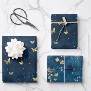 Blue Gold Butterflies Flowers Bridal Shower Wrapping Paper Sheet