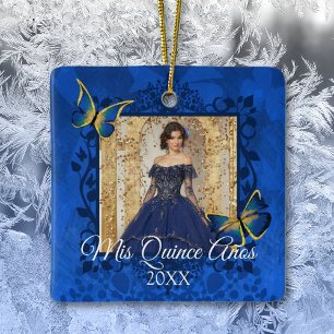 Blue, Gold Butterflies Quinceanera Keepsake  Ceramic Ornament