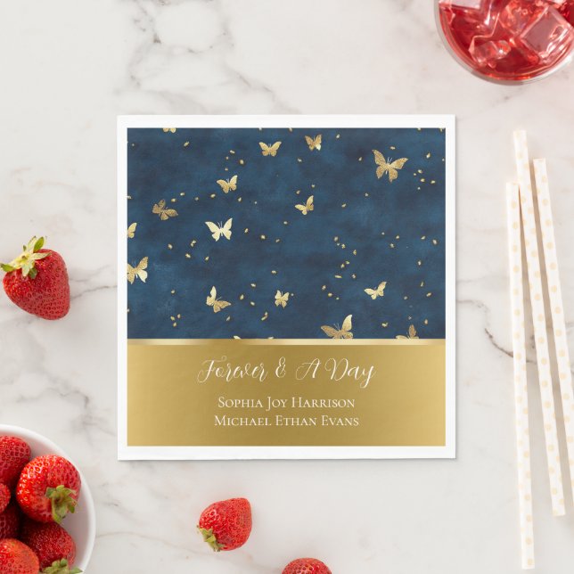 Blue Gold Butterflies Wedding  Napkin (Insitu)