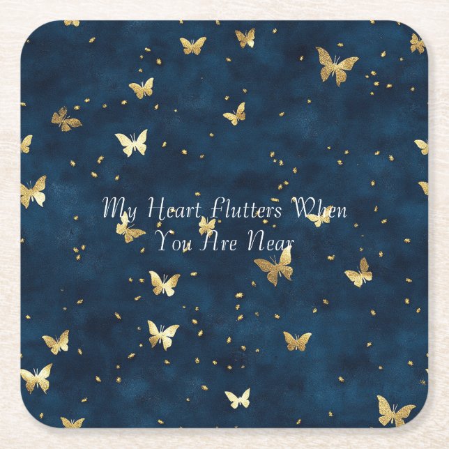 Blue Gold Butterflies Wedding Square Paper Coaster (Front)