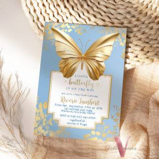 Blue Gold Butterfly Baby Shower Invitation