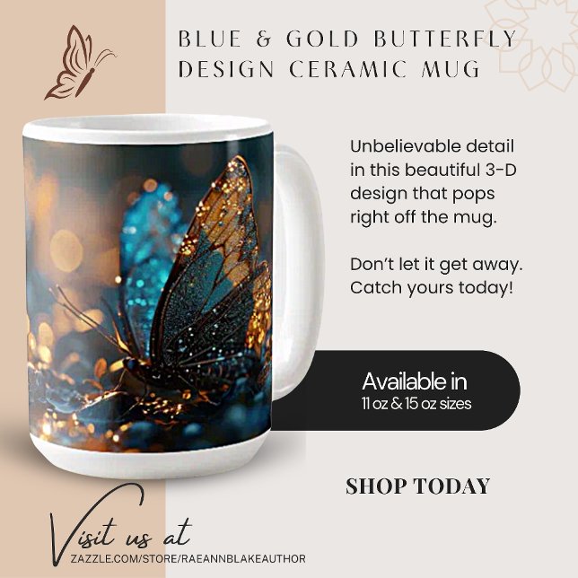 Blue & Gold Butterfly Design Ceramic Mug (Creator Uploaded)