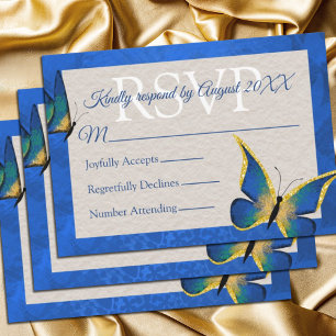Blue, Gold Butterfly Quinceañera RSVP Card