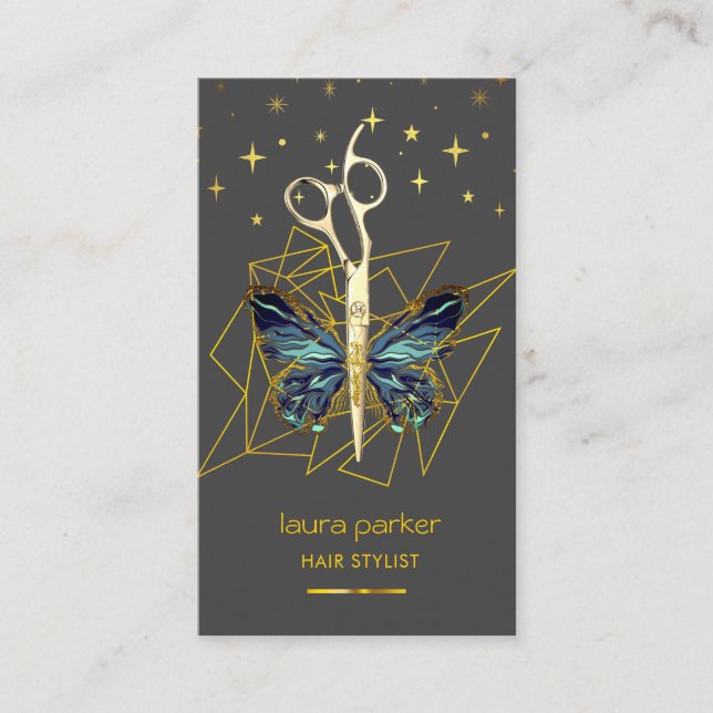 Blue Gold Butterfly Scissor Hair Stylist Salon Business Card (Front)