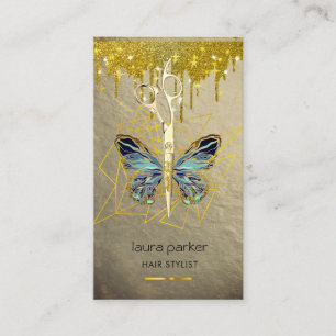 Blue Gold Butterfly Scissors Hair Stylist Salon Business Card