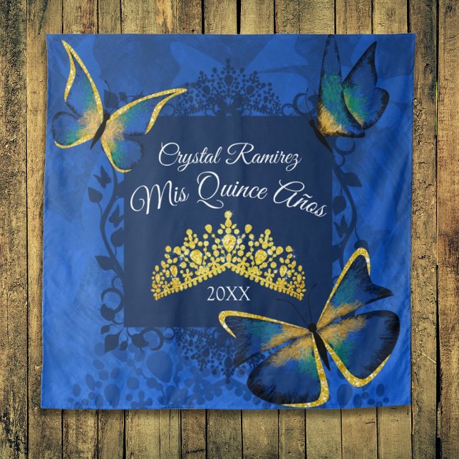 Blue Gold Butterfly, Tiara Quinceanera Back Drop Tapestry (blue gold party drape tapestry quinceanera mis quince anos wall sign banner welcome to quinceanera)