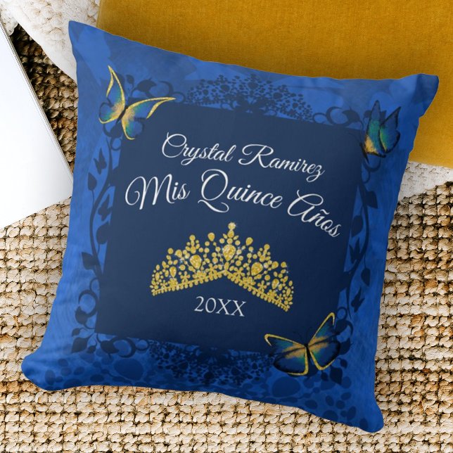 Blue, Gold Butterfly Tiara Quinceanera Pillow (royal blue quinceanera throw pillow gold tiara rhinestone gemstones gold butterflies keepsake gift )