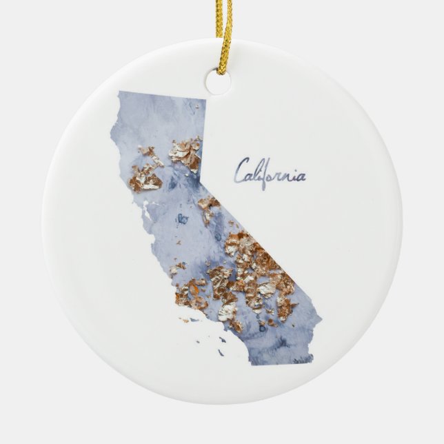 Blue & Gold California State Map Ceramic Tree Decoration (Front)