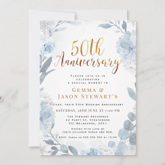Blue Gold Calligraphy 50th Wedding Anniversary Invitation (Front)