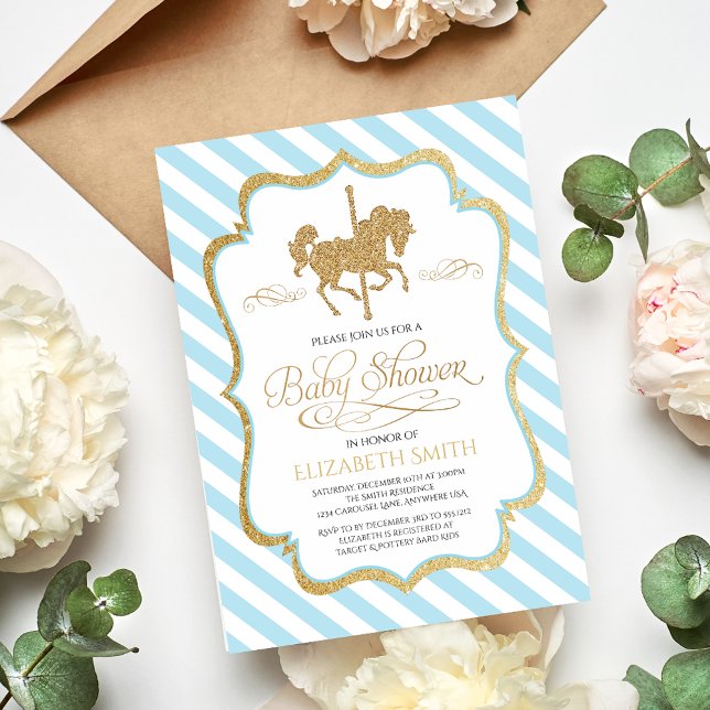 Blue Gold Carousel Baby Shower Invitation (Creator Uploaded)