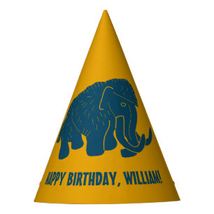 Blue & Gold Cartoon Woolly Mammoth Personalised Party Hat