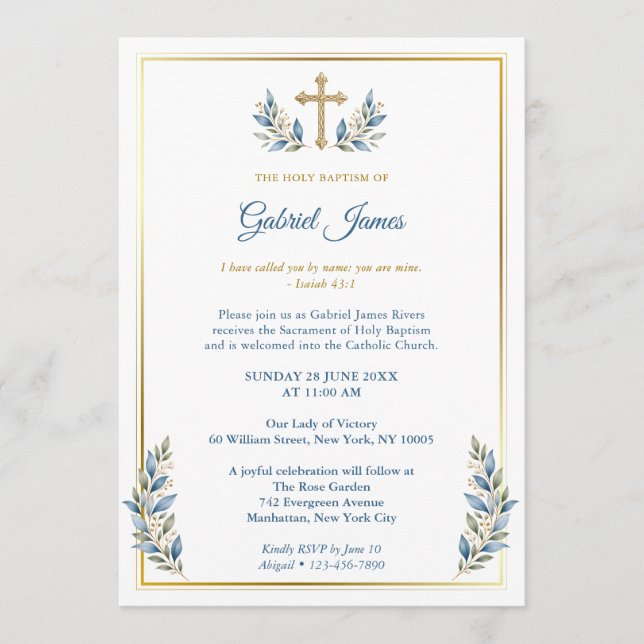 Blue & Gold Catholic Baptism  Invitation (Front)