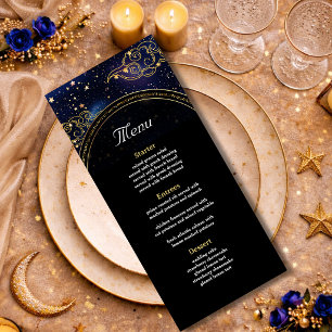 Blue gold celestial astronomy stars wedding menu