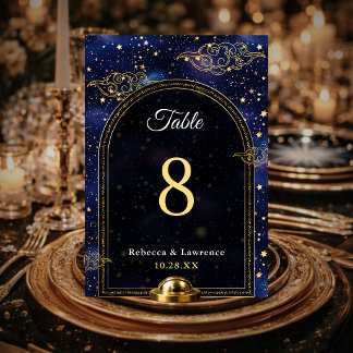 Blue gold celestial astronomy stars wedding table number