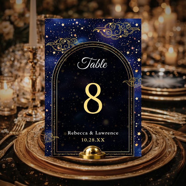 Blue gold celestial astronomy stars wedding table number (Creator Uploaded)