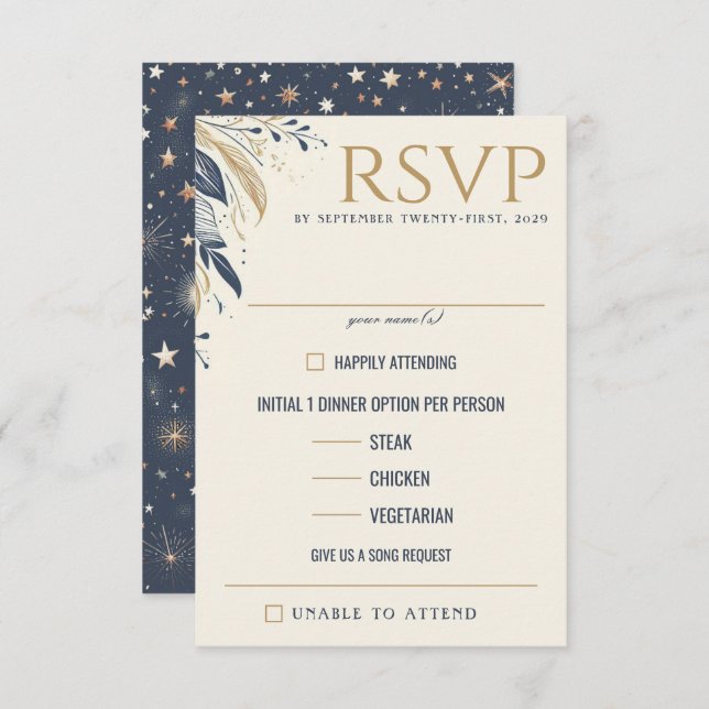 Blue & Gold Celestial Food Choices RSVP Card (Front/Back)