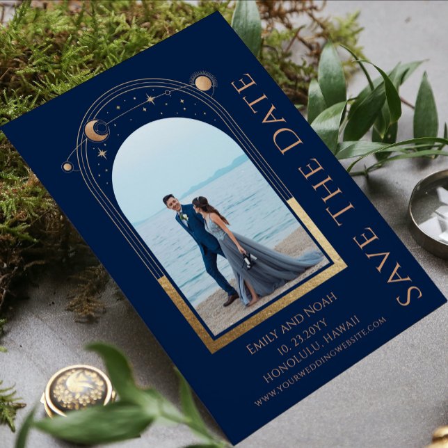 Blue Gold Celestial Sun Moon Stars Double Photo Save The Date (Creator Uploaded)