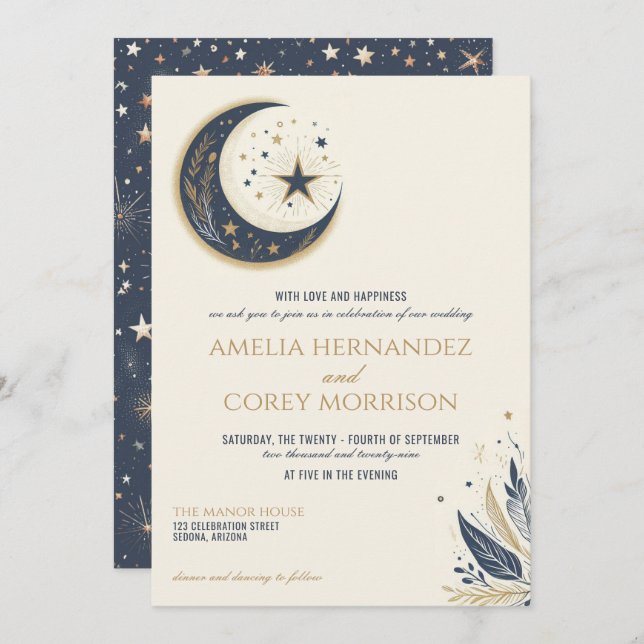 Blue & Gold Celestial Wedding Invitation (Front/Back)
