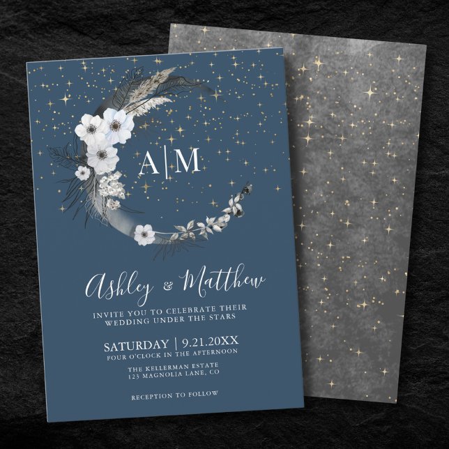 Blue Gold Celestial Wedding Invitation (Blue Gold Moon Celestial Wedding Invitation)
