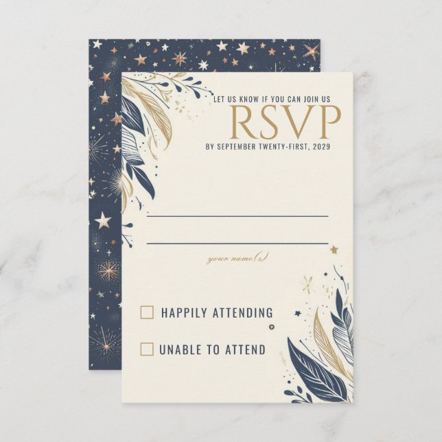 Blue & Gold Celestial Wedding RSVP Card (Front/Back)
