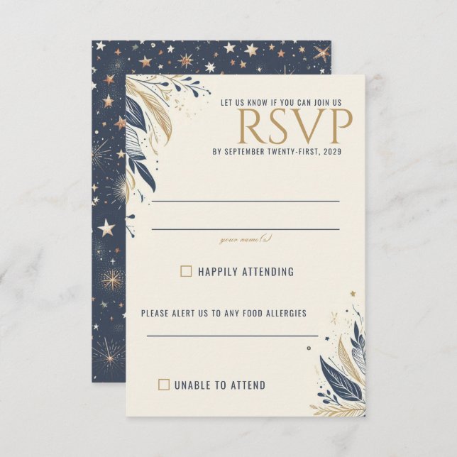 Blue & Gold Celestial Wedding RSVP Card (Front/Back)