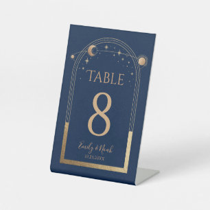 Blue Gold Celestial Wedding Table Number Pedestal Sign