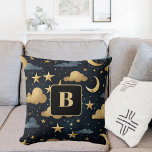 Blue gold celestrial pattern moon stars monogram cushion<br><div class="desc">Dark blue background,  decorated with clouds,  golden stars and moons. Personalise and add baby's monogram letter.</div>