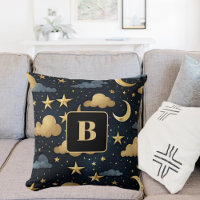 Blue gold celestrial pattern moon stars monogram