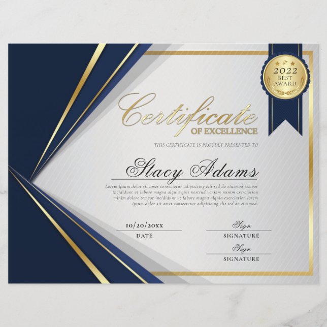 Blue & Gold Certificate of Excellence Award (Front)