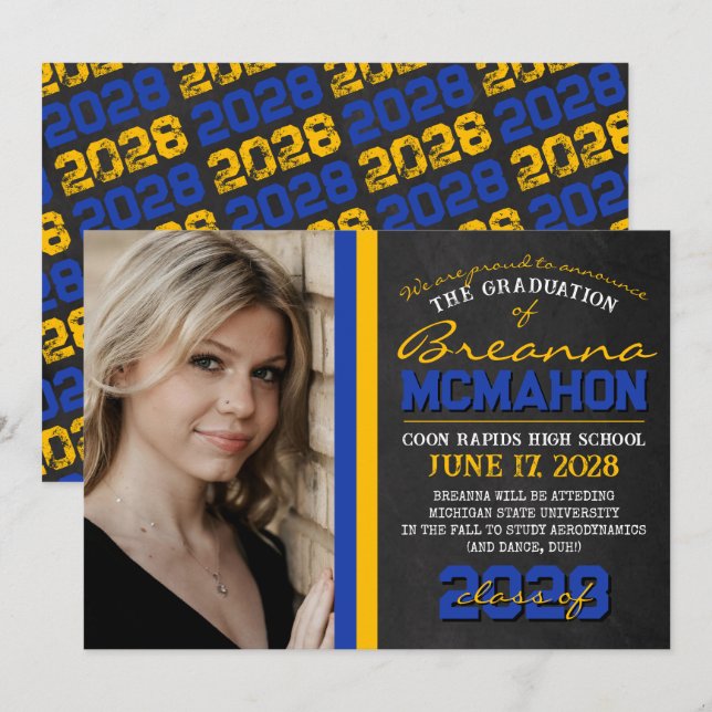 Blue & Gold Chalkboard Graduation Announcement (Front/Back)