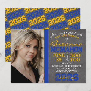 Blue & Gold Chalkboard Graduation Photo Invitation