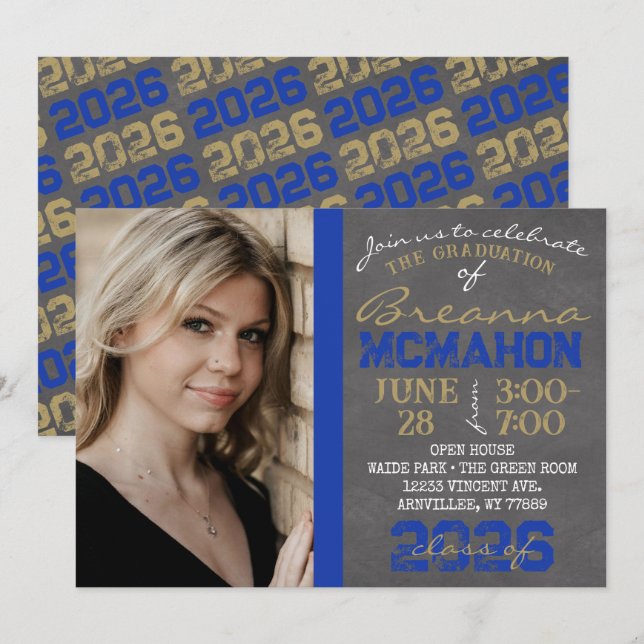 Blue & Gold Chalkboard Graduation Photo Invitation (Front/Back)