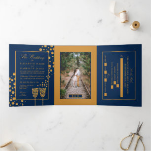Blue & Gold Champagne Bubbles, Wedding Suite Tri-Fold Invitation