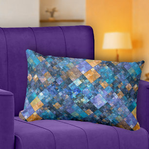 Blue Gold Chequered Mosaic Pattern Pillow