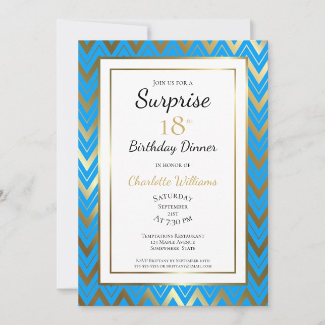Blue Gold Chevron Surprise 18th Birthday Dinner Invitation (Front)