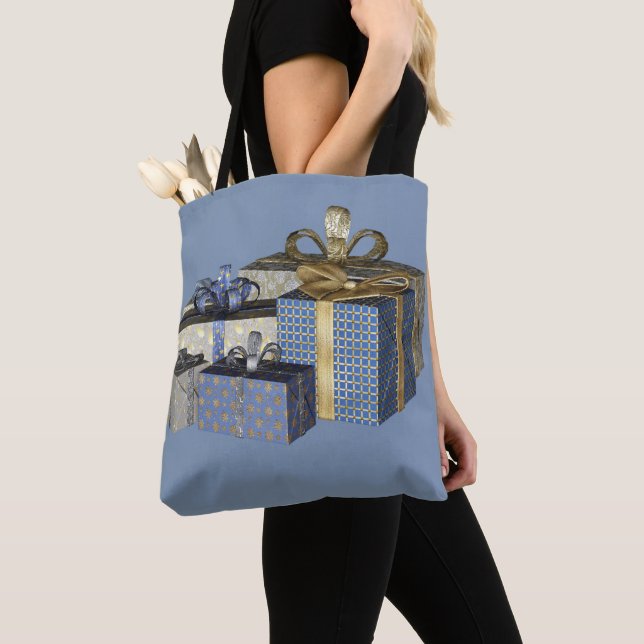 Blue Gold Christmas Gifts Holidays Tote Bag (Close Up)