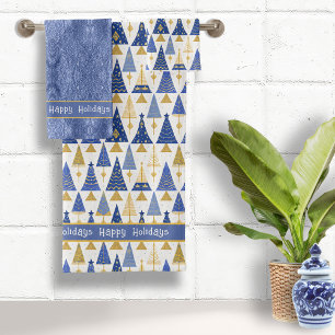 Blue Gold Christmas Merry Pattern#25 ID1009 Bath Towel Set