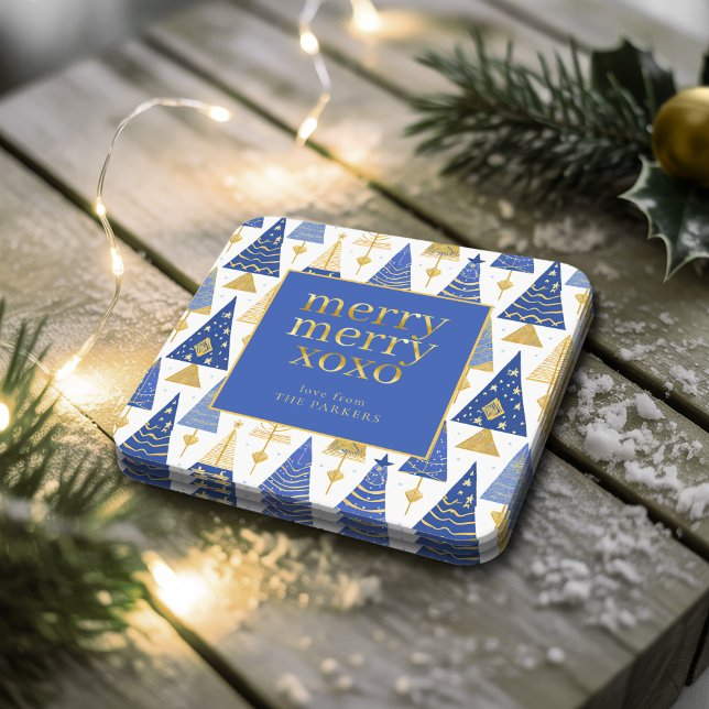 Blue Gold Christmas Merry Pattern#25 ID1009 Square Paper Coaster (Creator Uploaded)