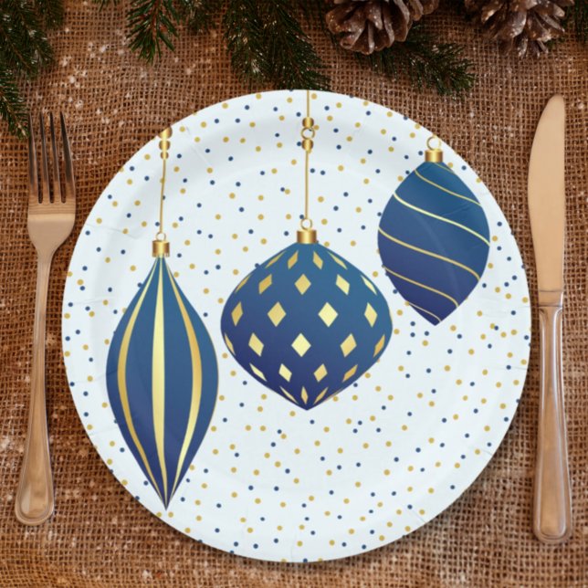 Blue Gold Christmas Ornaments and Dots Holiday Paper Plate (Creator Uploaded)