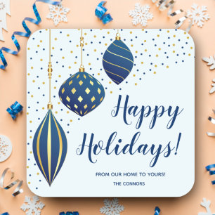 Blue Gold Christmas Ornaments and Dots Holiday Square Sticker