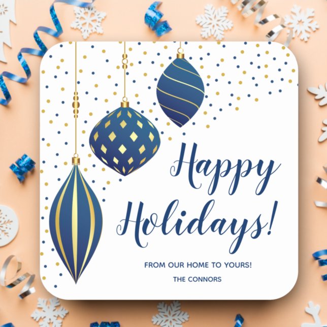 Blue Gold Christmas Ornaments and Dots Holiday Square Sticker (Creator Uploaded)
