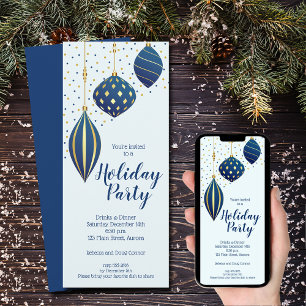 Blue Gold Christmas Ornaments Holiday Invitation