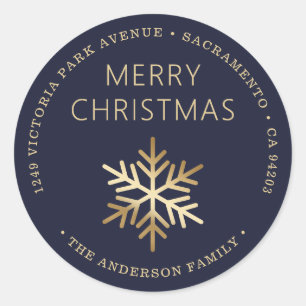 Blue Gold Christmas Snowflake Return Address Classic Round Sticker