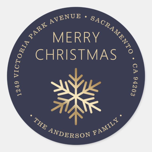 Blue Gold Christmas Snowflake Return Address Classic Round Sticker (Front)