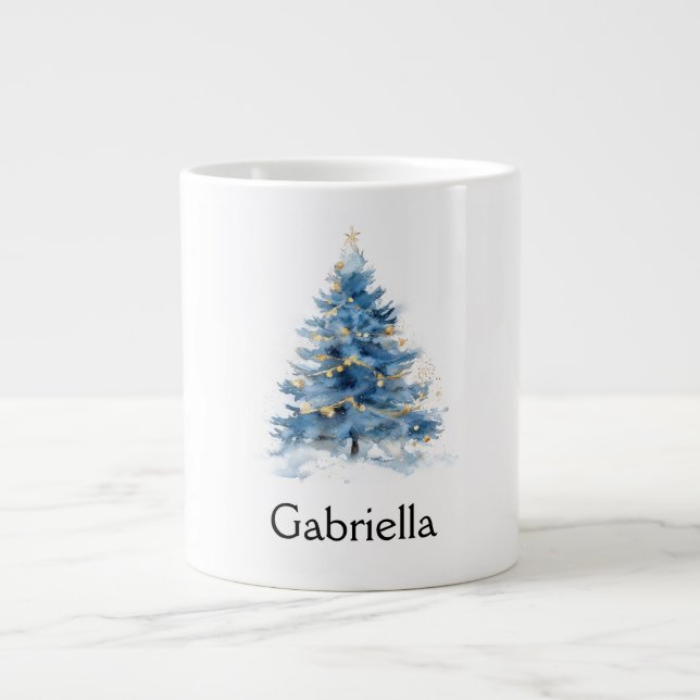 Blue Gold Christmas Tree Name Large Coffee Mug (Front)
