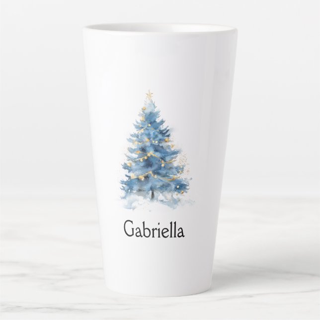 Blue Gold Christmas Tree Name Latte Mug (Front)