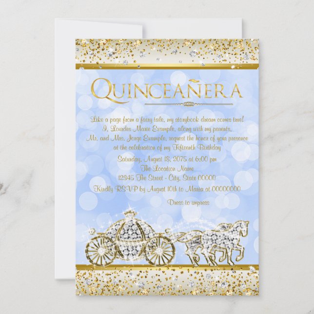 Blue Gold Cinderella Princess Quinceanera Invitation (Front)