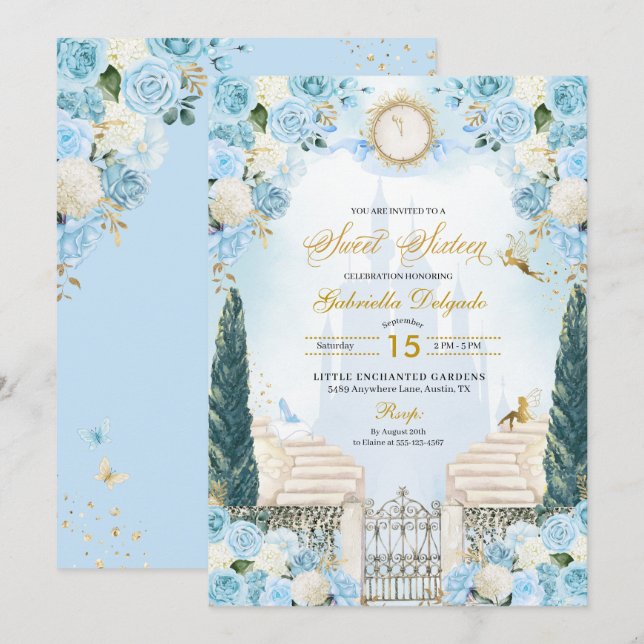 Blue & Gold Cinderella Princess Sweet Sixteen Invitation (Front/Back)