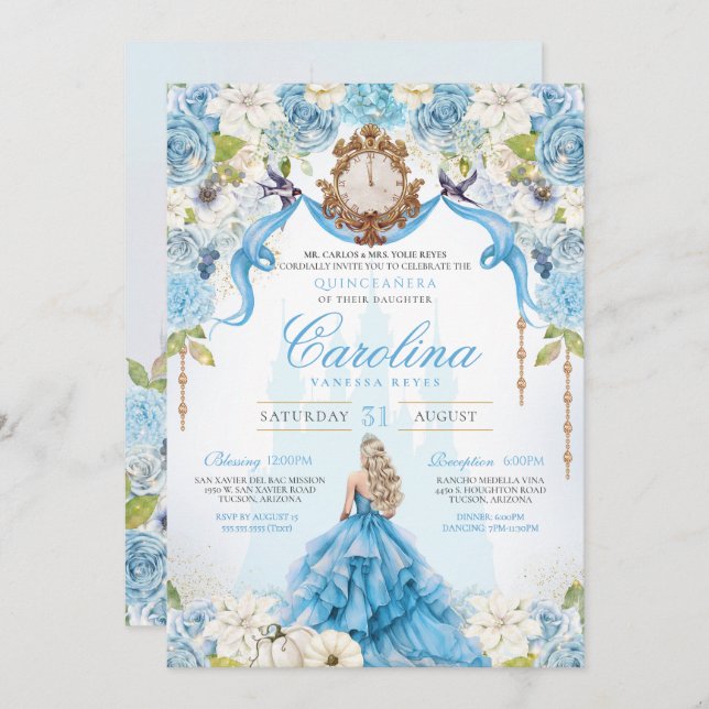 Blue Gold Cinderella Quinceanera Luxury Birthday Invitation (Front/Back)